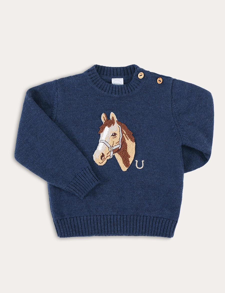 Horse Motif Jacquard Knitted Jumper in Navy (2-10yrs) Knitwear from Pepa London