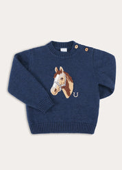 Horse Motif Jacquard Knitted Jumper in Navy (2-10yrs) Knitwear from Pepa London