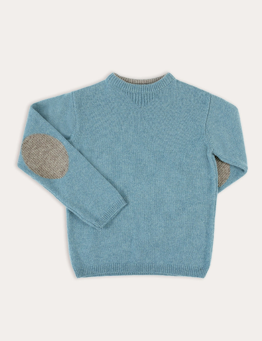 Crewneck Knitted Elbow Patch Detail Jumper in Blue (3-10yrs) Knitwear from Pepa London