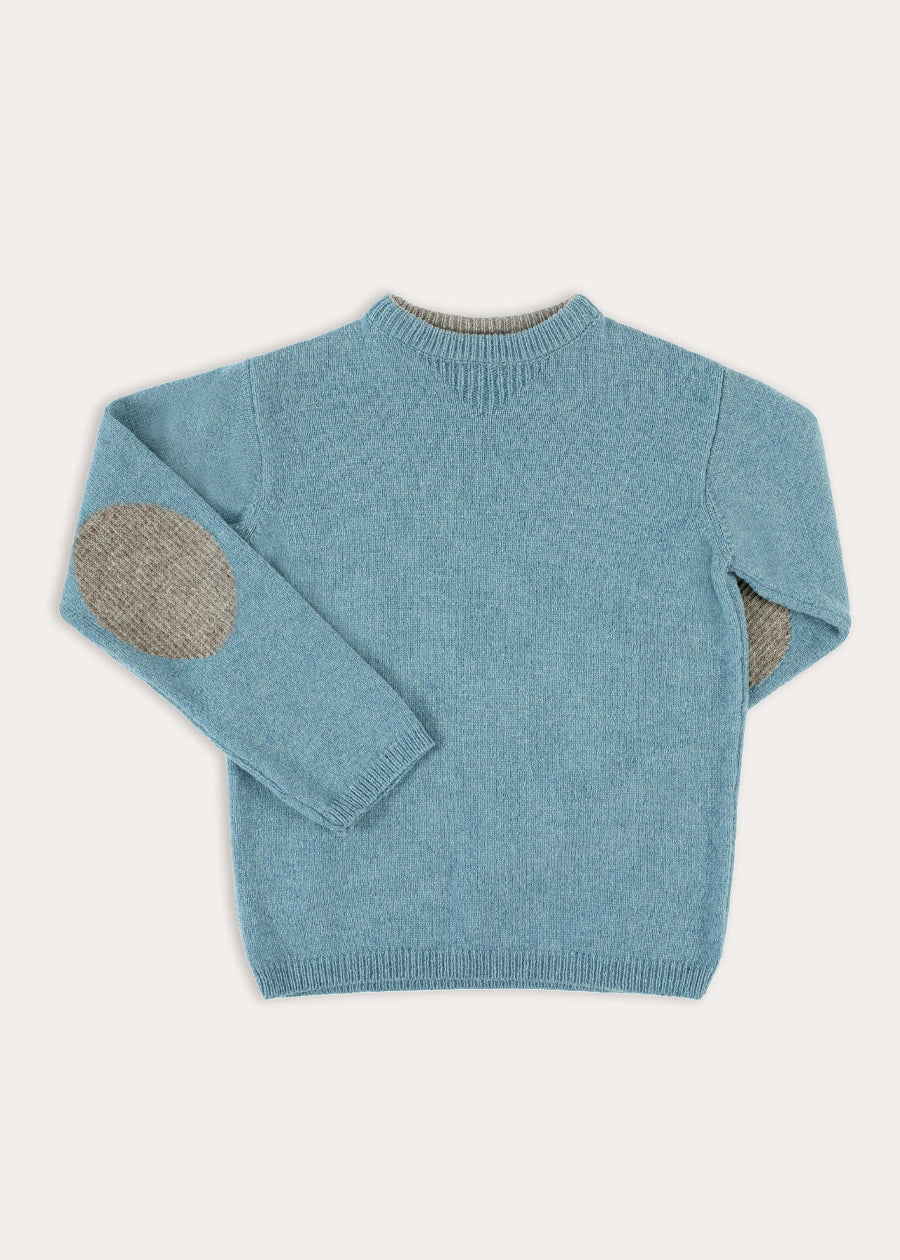 Crewneck Knitted Elbow Patch Detail Jumper in Blue (3-10yrs) Knitwear from Pepa London