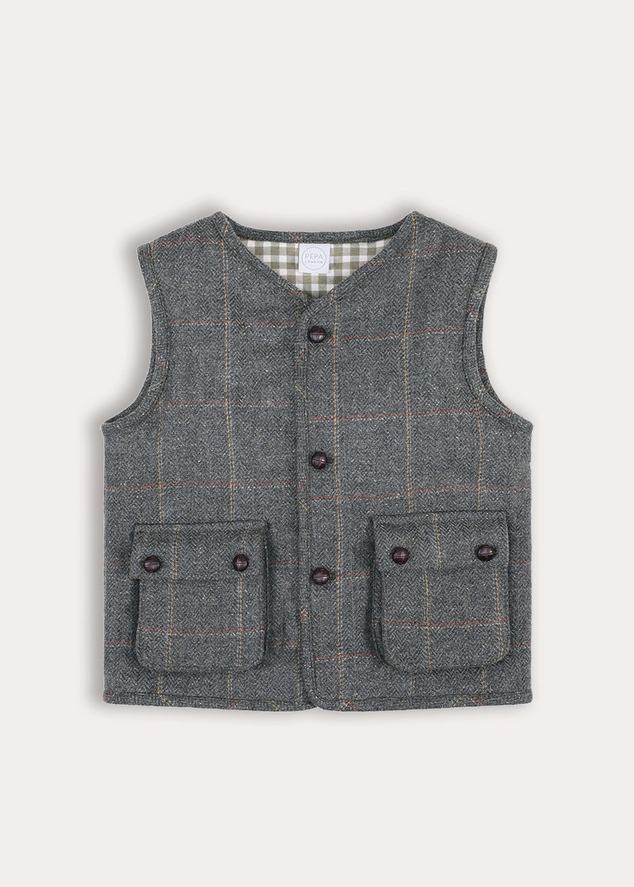 Harrington Check Quilted Vest in Brown (4-10yrs) Coats from Pepa London