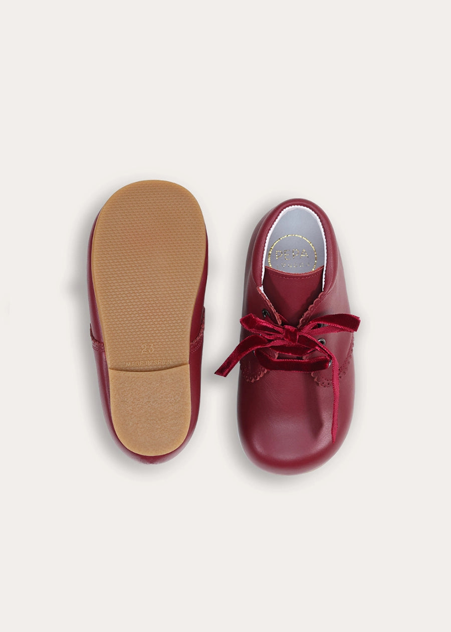 Leather Velvet Ribbon Lace Up Shoes in Burgundy (20-26EU) Shoes from Pepa London