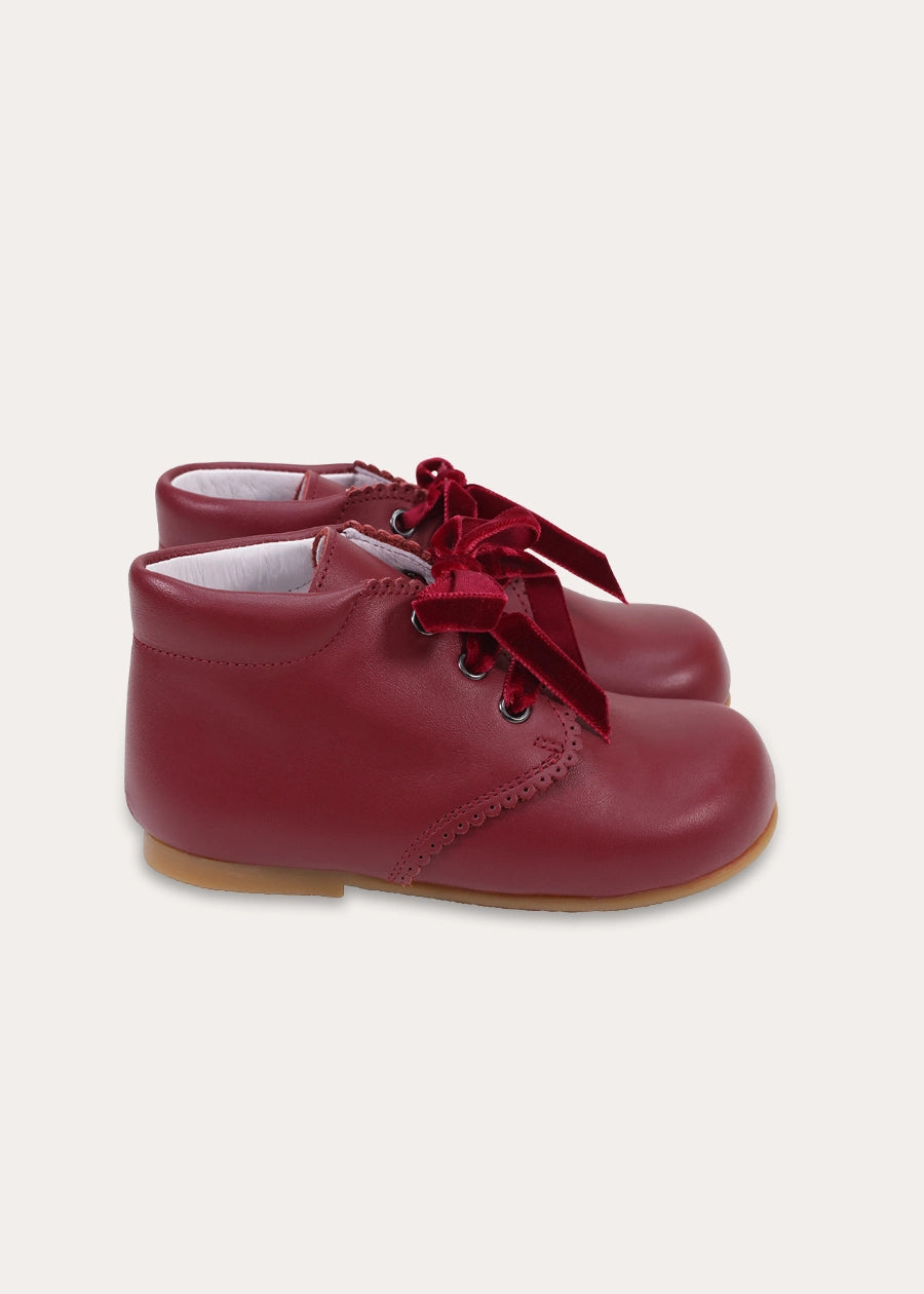 Leather Velvet Ribbon Lace Up Shoes in Burgundy (20-26EU) Shoes from Pepa London