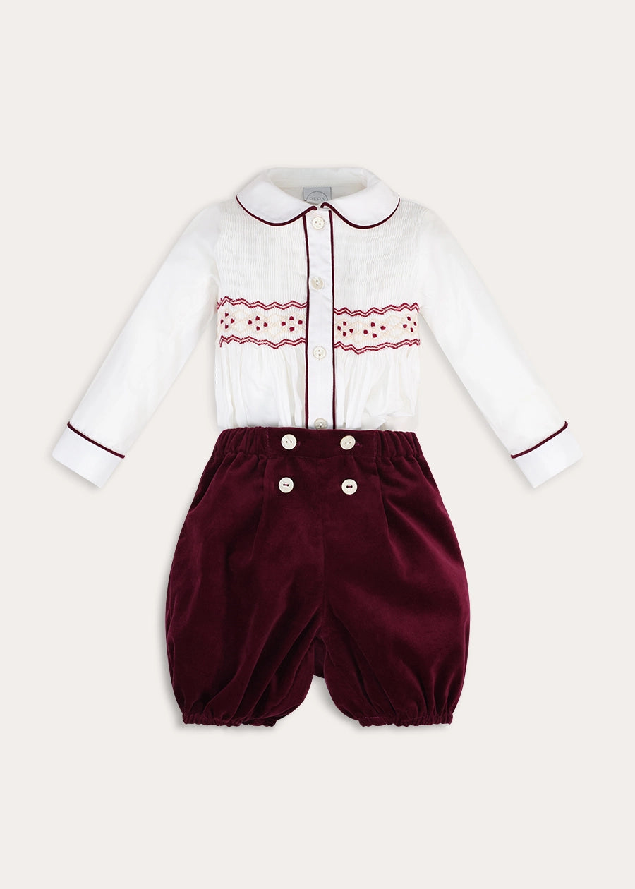 Velvet Hand Smocked Peter Pan Collar Two Piece Set in Burgundy (18mths-4yrs) TWO PIECE SETS from Pepa London