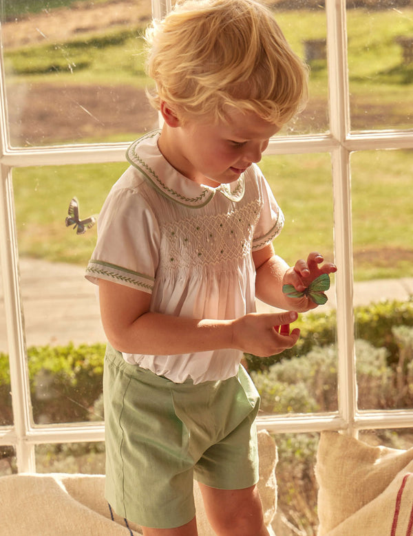 Hand Smocked Peter Pan Collar Short Sleeve Two Piece Set in Green (18mths-6yrs) Two Piece Set  from Pepa London