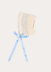 Off White and Blue Hand Smocked Baby Bonnet BONNETS from Pepa London