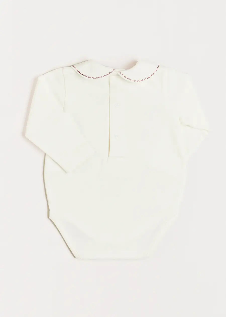Embroidered Peter Pan Collar Long Sleeve Bodysuit in Burgundy (1mth-3yrs) Tops & Bodysuits  from Pepa London