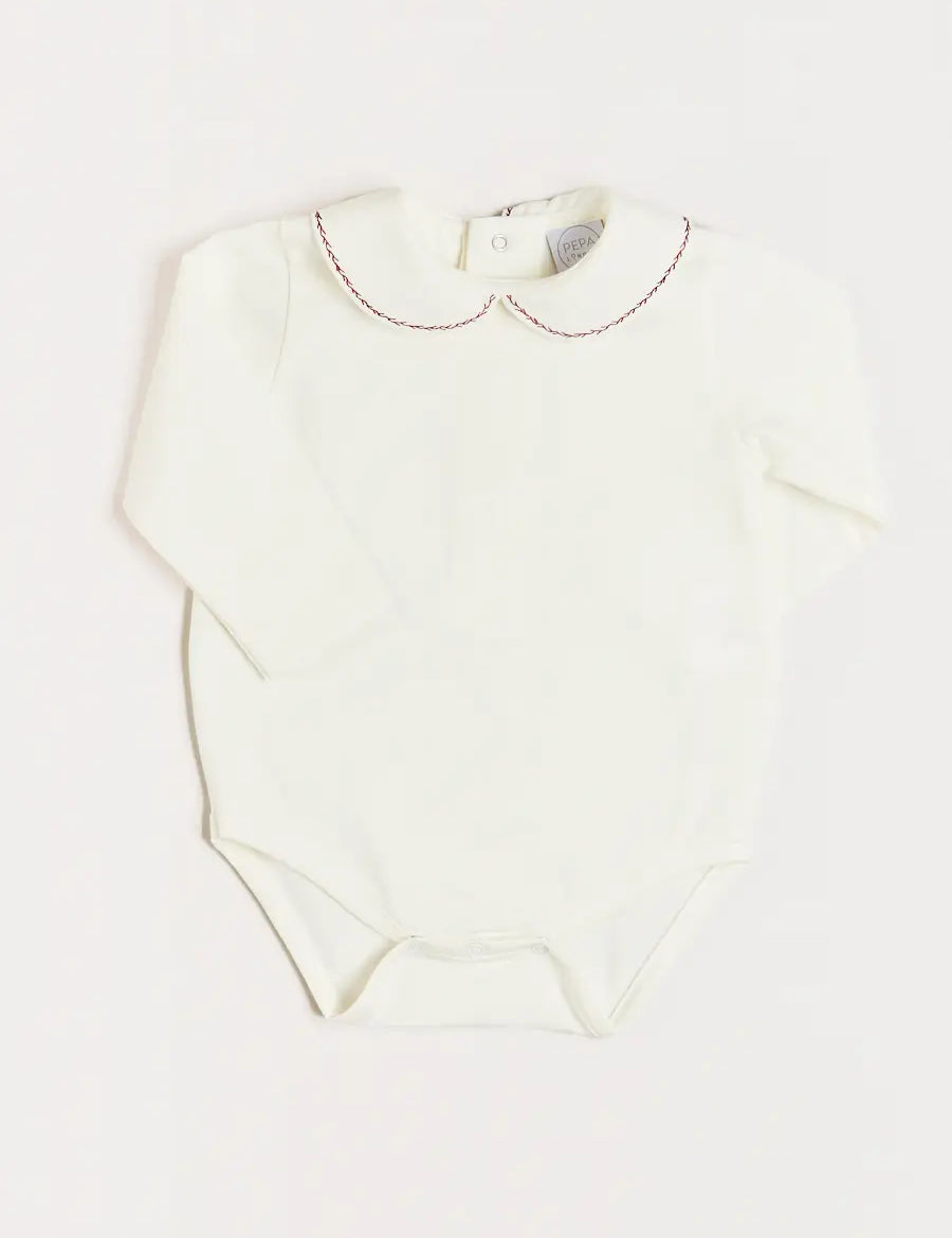 Embroidered Peter Pan Collar Long Sleeve Bodysuit in Burgundy (1mth-3yrs) Tops & Bodysuits  from Pepa London