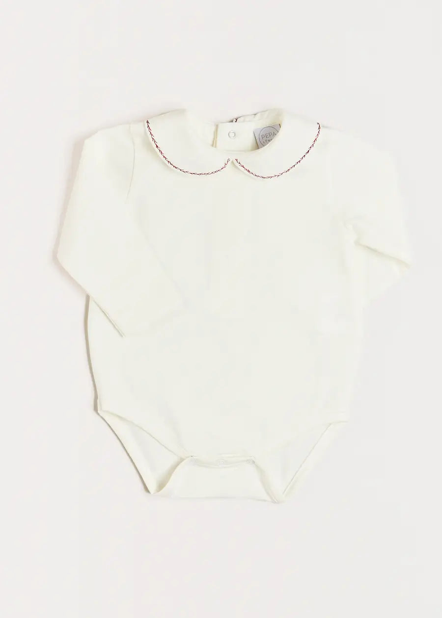 Embroidered Peter Pan Collar Long Sleeve Bodysuit in Burgundy (1mth-3yrs) Tops & Bodysuits  from Pepa London