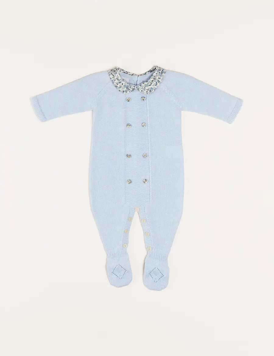 Evelyn Floral Peter Pan Collar Knitted All-In-One in Blue (1-6mths) Baby One-Pieces  from Pepa London