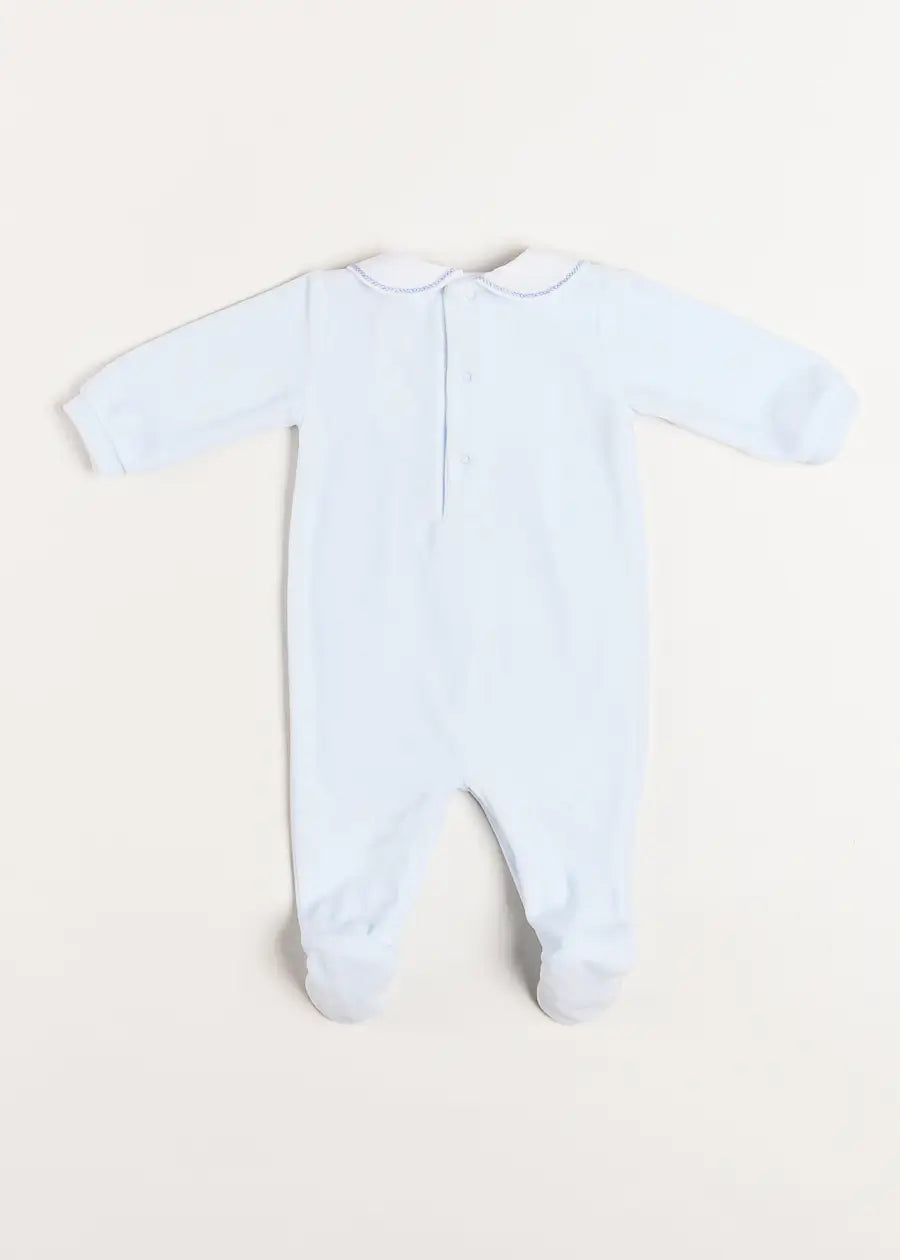 Velour Peter Pan Collar All-In-One in Blue (1mth-12mths) Baby One-Pieces  from Pepa London