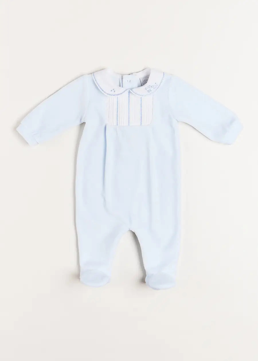 Velour Peter Pan Collar All-In-One in Blue (1mth-12mths) Baby One-Pieces  from Pepa London