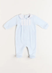 Velour Peter Pan Collar All-In-One in Blue (1mth-12mths) Baby One-Pieces  from Pepa London