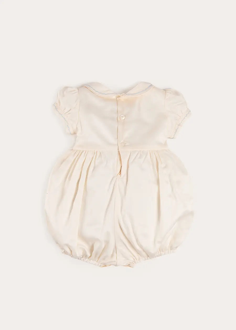 Classic Off-White Blue Hand Smocked Romper (3-18mths) Rompers from Pepa London