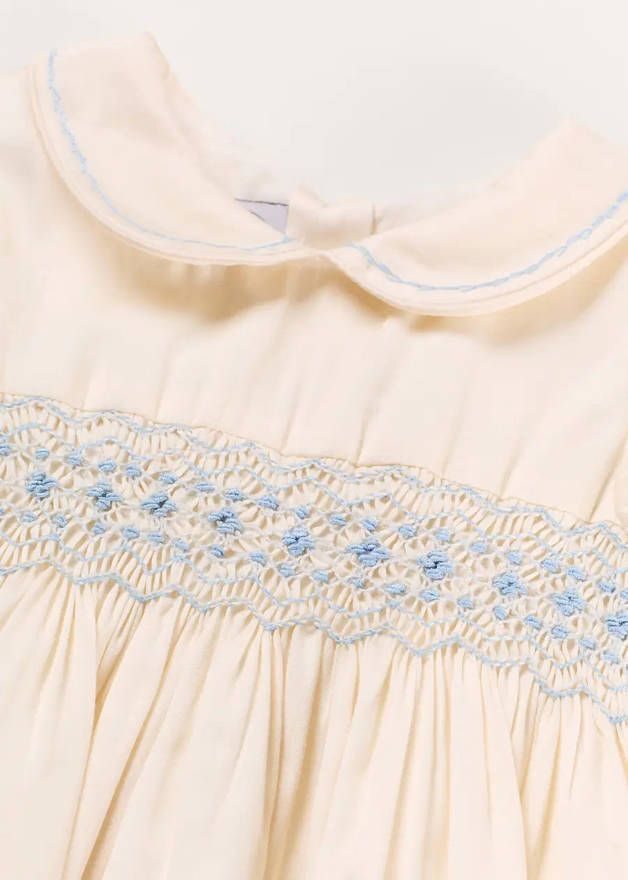 Classic Off-White Blue Hand Smocked Romper (3-18mths) Rompers from Pepa London