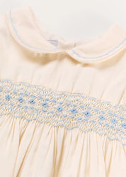 Classic Off-White Blue Hand Smocked Romper (3-18mths) Rompers from Pepa London