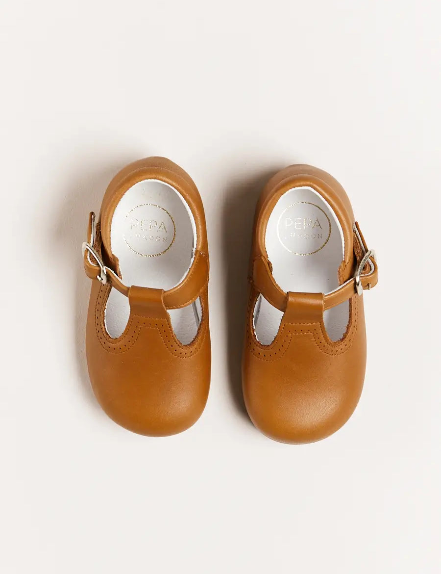 Leather T-Bar Baby Shoes in Brown (20-26EU) Shoes  from Pepa London