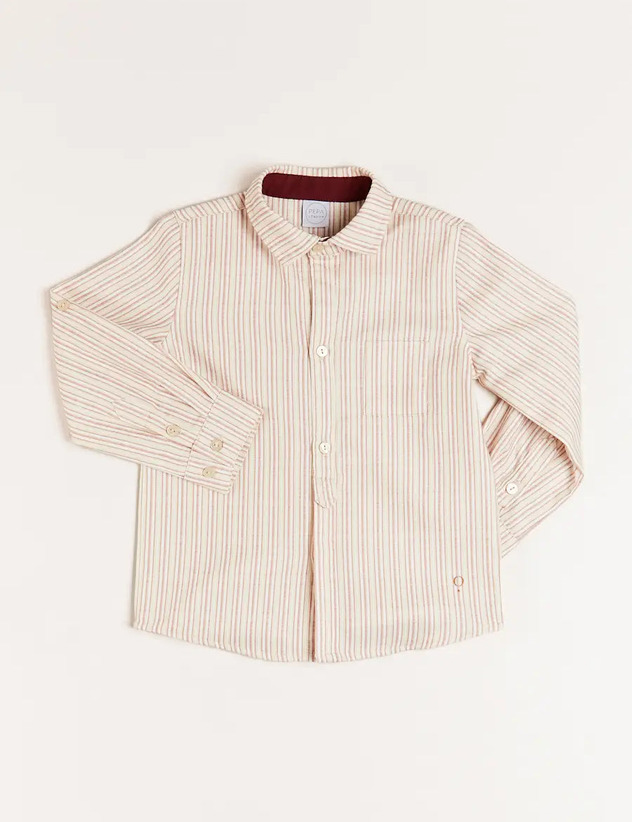 Striped Polo Collar Long Sleeve Shirt in Burgundy (12mths-10yrs) Shirts  from Pepa London