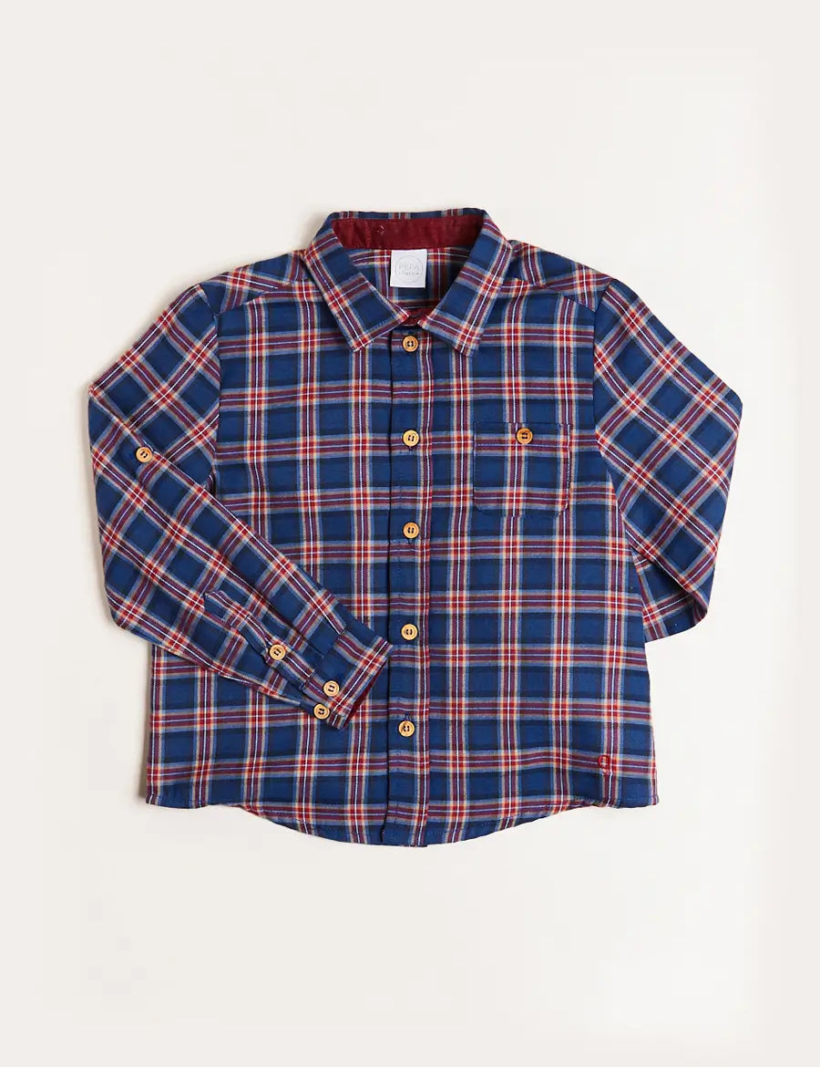 Eaton Check Polo Collar Long Sleeve Shirt in Navy (3-10yrs) Shirts  from Pepa London