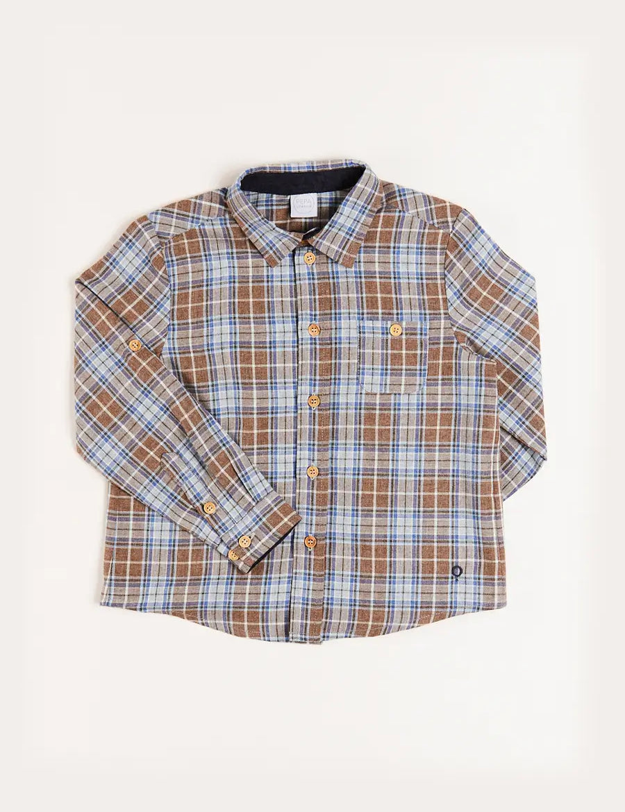 Winchester Check Polo Collar Long Sleeve Shirt in Caramel (3-10yrs) Shirts  from Pepa London
