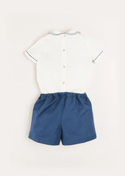 Hand Smocked Short Sleeve Two Piece Set in Royal Blue (18mths-5yrs) Two Piece Set  from Pepa London
