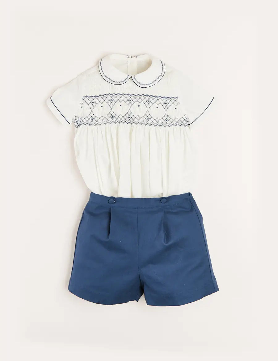 Hand Smocked Short Sleeve Two Piece Set in Royal Blue (18mths-5yrs) Two Piece Set  from Pepa London