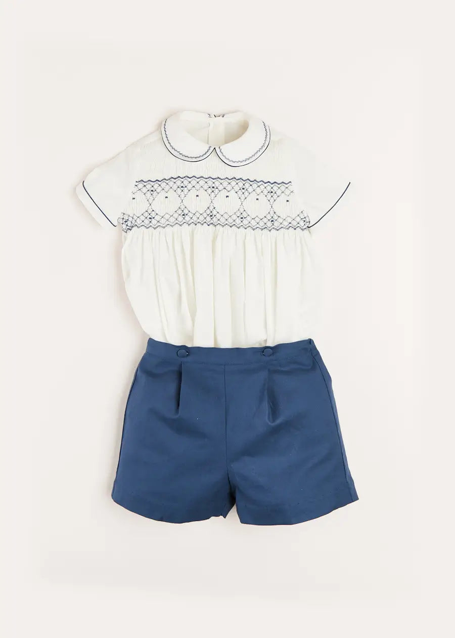 Hand Smocked Short Sleeve Two Piece Set in Royal Blue (18mths-5yrs) Two Piece Set  from Pepa London