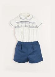 Hand Smocked Short Sleeve Two Piece Set in Royal Blue (18mths-5yrs) Two Piece Set  from Pepa London
