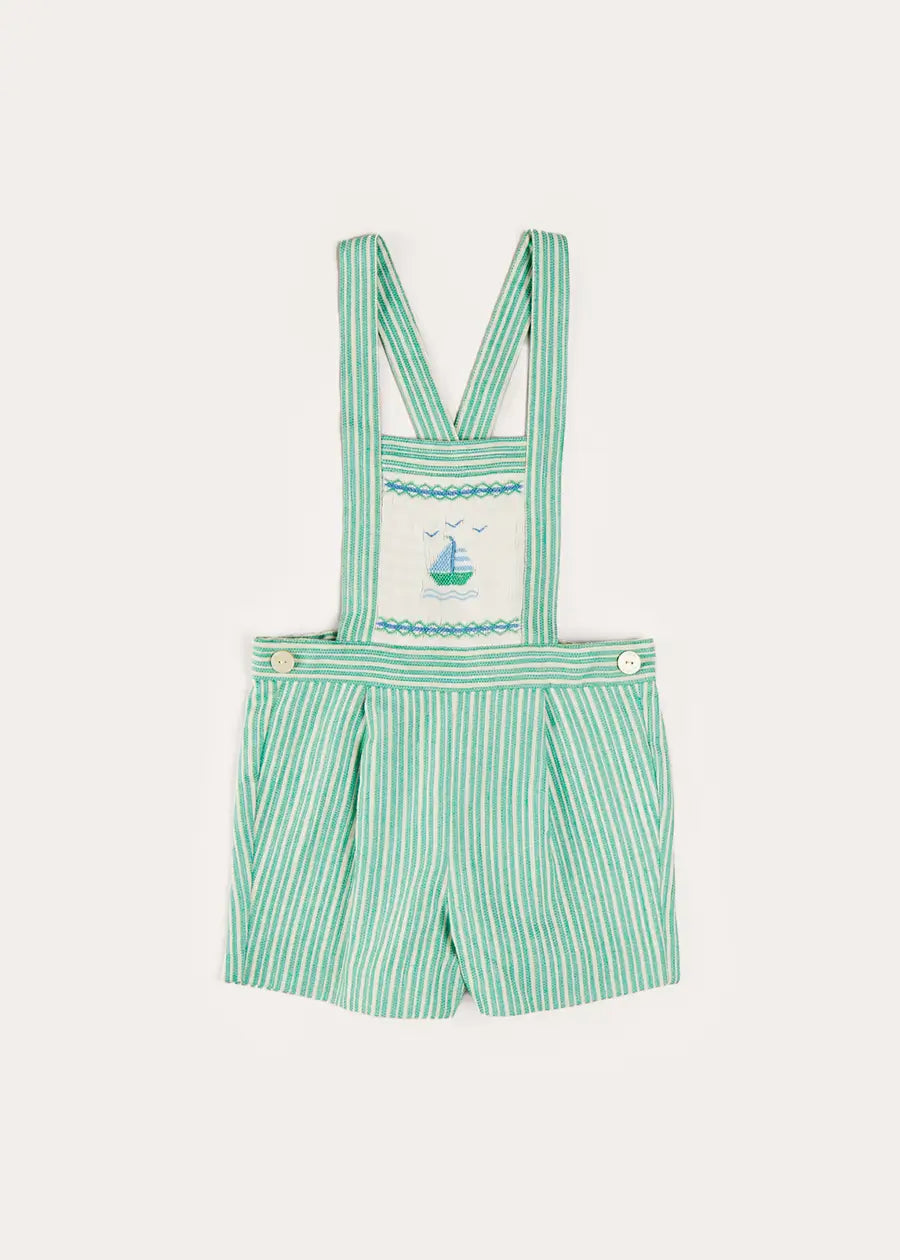 Cheyne Striped Boat Embroidery Dungarees in Green (18mths-4yrs) DUNGAREES from Pepa London