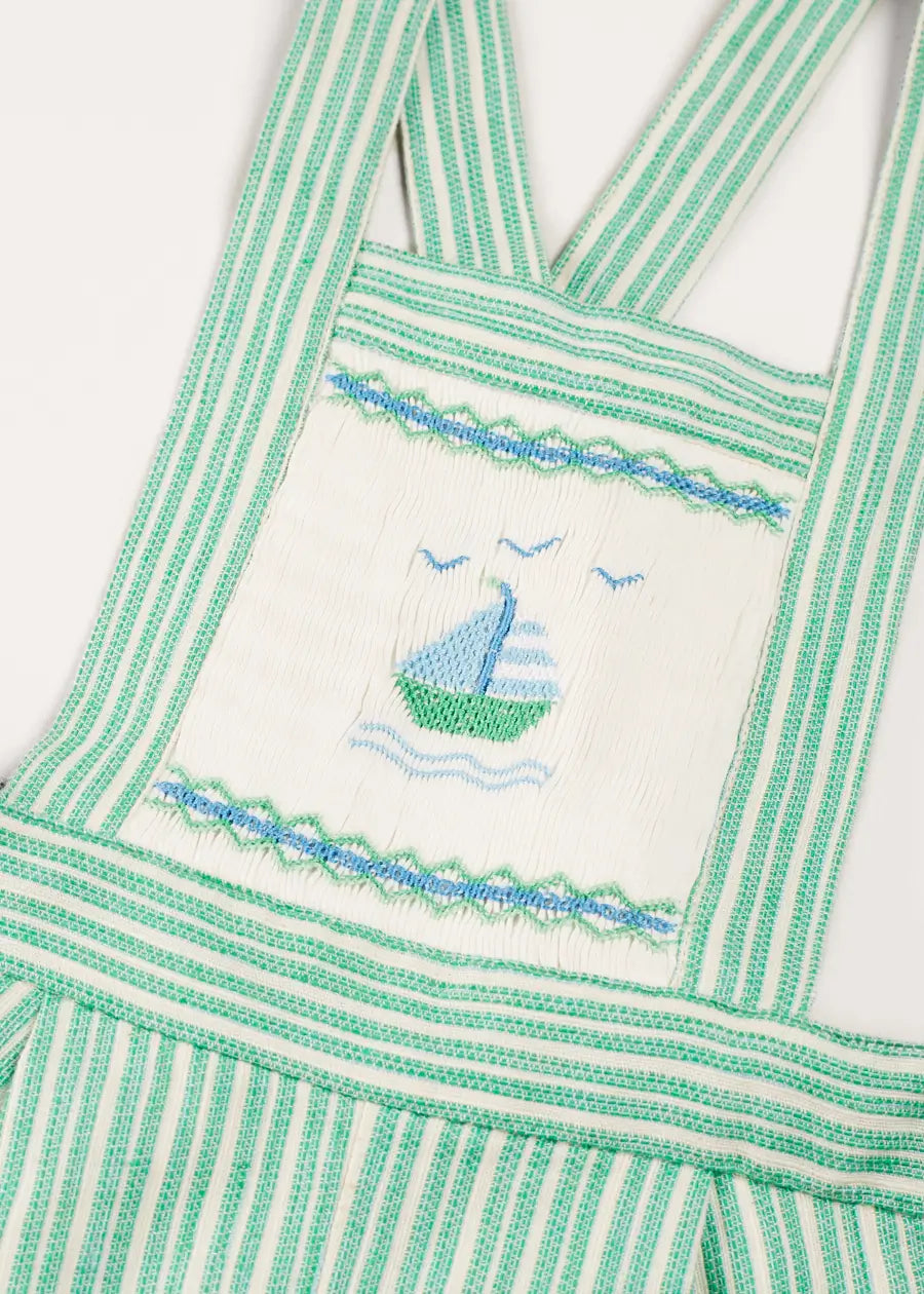 Cheyne Striped Boat Embroidery Dungarees in Green (18mths-4yrs) DUNGAREES from Pepa London