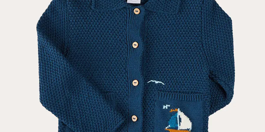 Nautical Boat Embroidery Polo Collar Cardigan in Blue (12mths-6yrs) Knitwear from Pepa London