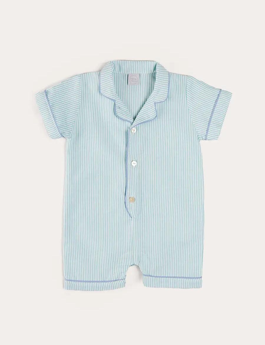 Rochester Striped All-In-One Pyjamas in Green (9mths-2yrs) ALL-IN-ONES from Pepa London
