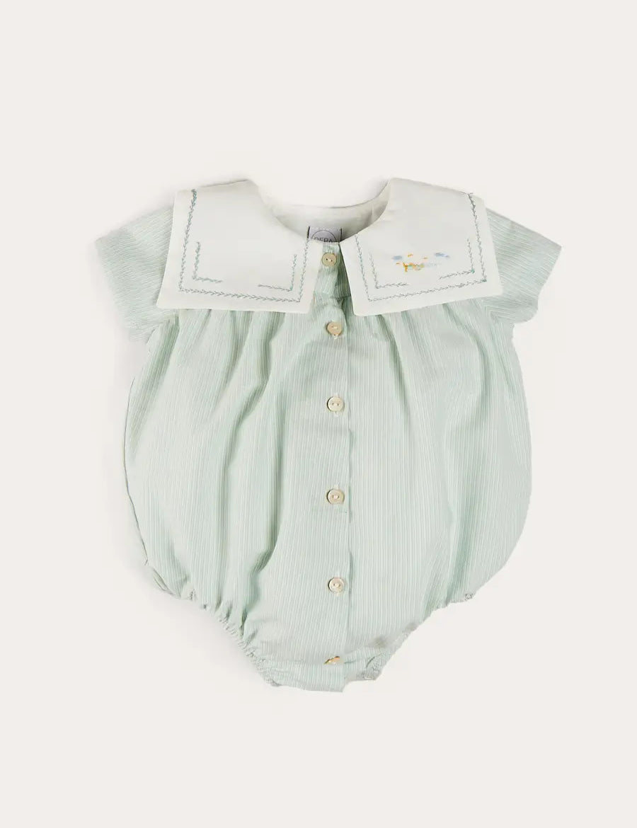 Pembridge Striped Plane Embroidery Short Sleeve Romper in Green (3mths-2yrs) ROMPERS from Pepa London