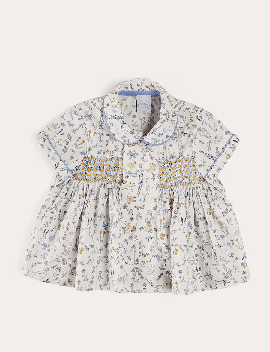 Ellis Liberty Print Hand Smocked Short Sleeve Shirt in Blue (6mths-4yrs) SHIRTS from Pepa London