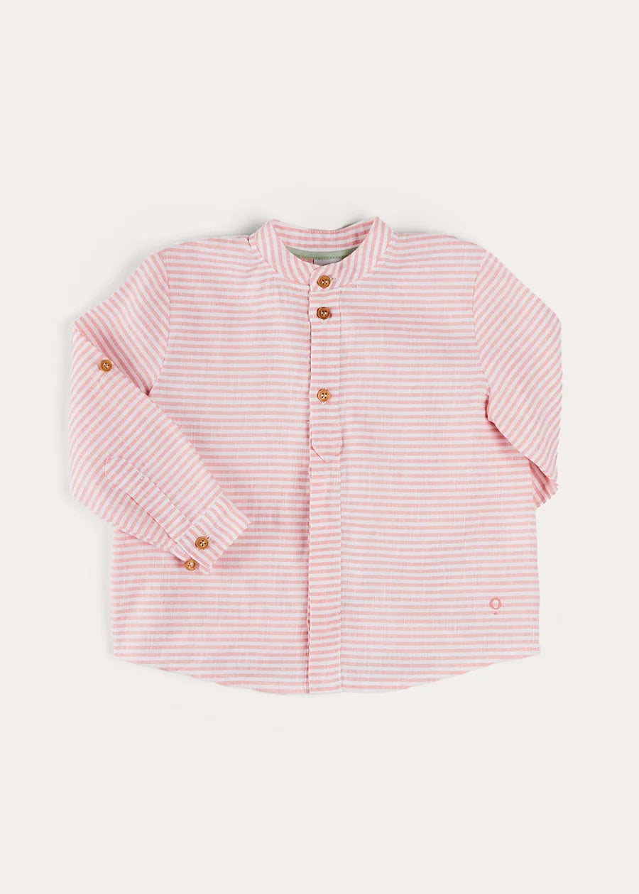 Hertford Striped Mao Collar Long Sleeve Shirt in Coral (12mths-10yrs) SHIRTS from Pepa London