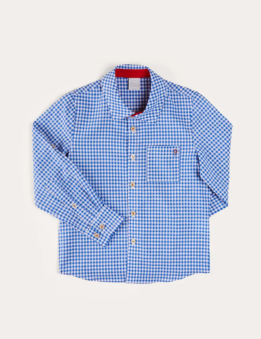 Carlisle Gingham Polo Collar Long Sleeve Shirt in Blue (4-10yrs) SHIRTS from Pepa London