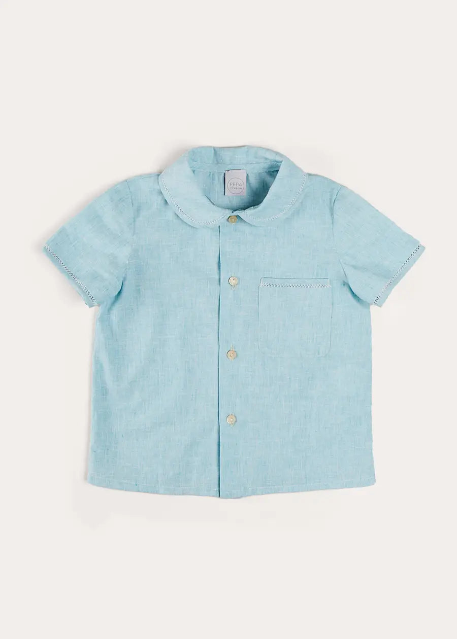 Peter Pan Collar Trim Detail Short Sleeve Shirt in Blue (12mths-5yrs) SHIRTS from Pepa London