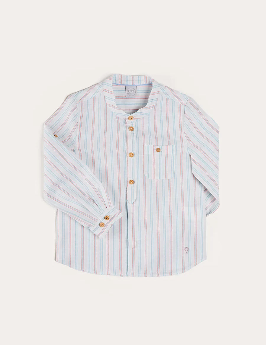 Chesham Striped Mao Collar Long Sleeve Shirt in Red (3-10yrs) SHIRTS from Pepa London