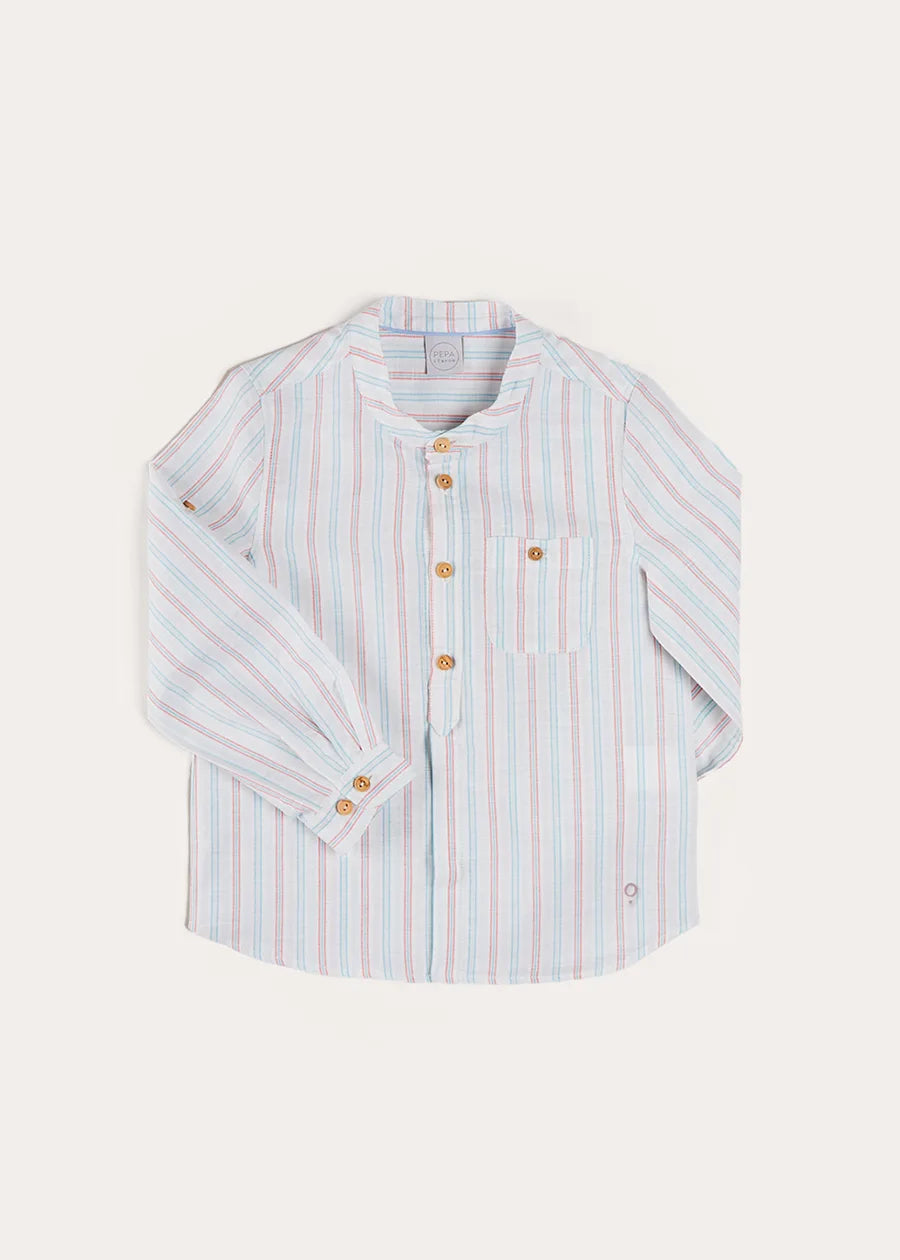 Chesham Striped Mao Collar Long Sleeve Shirt in Red (3-10yrs) SHIRTS from Pepa London