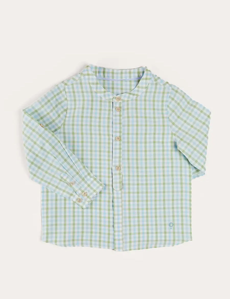 Maxwell Gingham Mao Collar Long Sleeve Shirt in Green (3-10yrs) SHIRTS from Pepa London