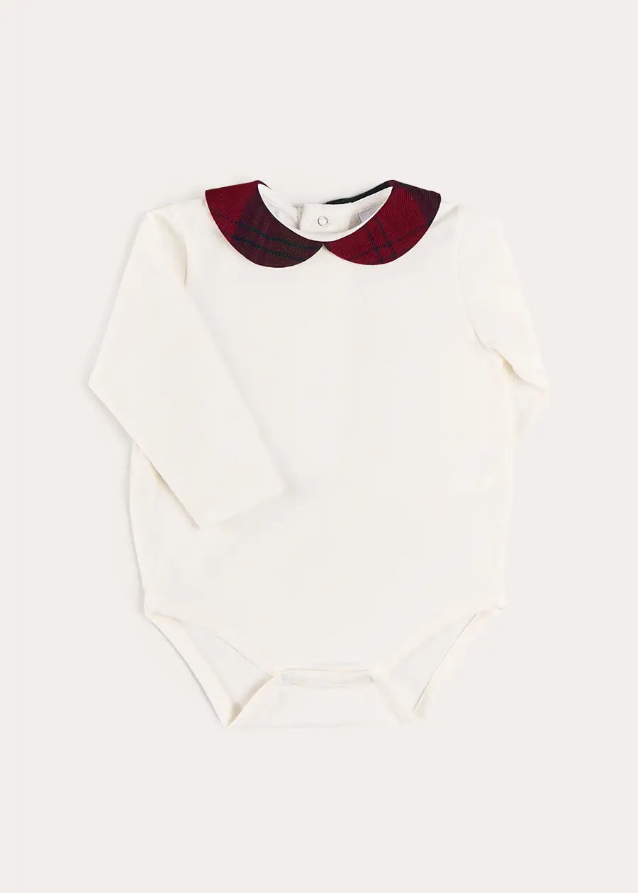 Grovesnor Tartan Collar Long Sleeve Bodysuit in Red (1mth-3yrs) Tops & Bodysuits from Pepa London