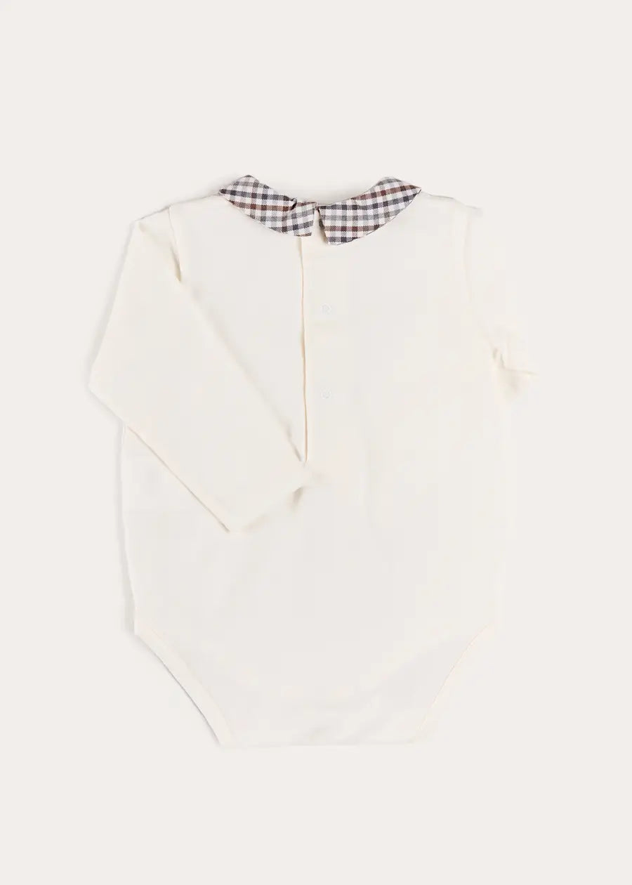 Cadogan Houndstooth Collar Long Sleeve Bodysuit in Brown (1mth-3yrs) Tops & Bodysuits from Pepa London