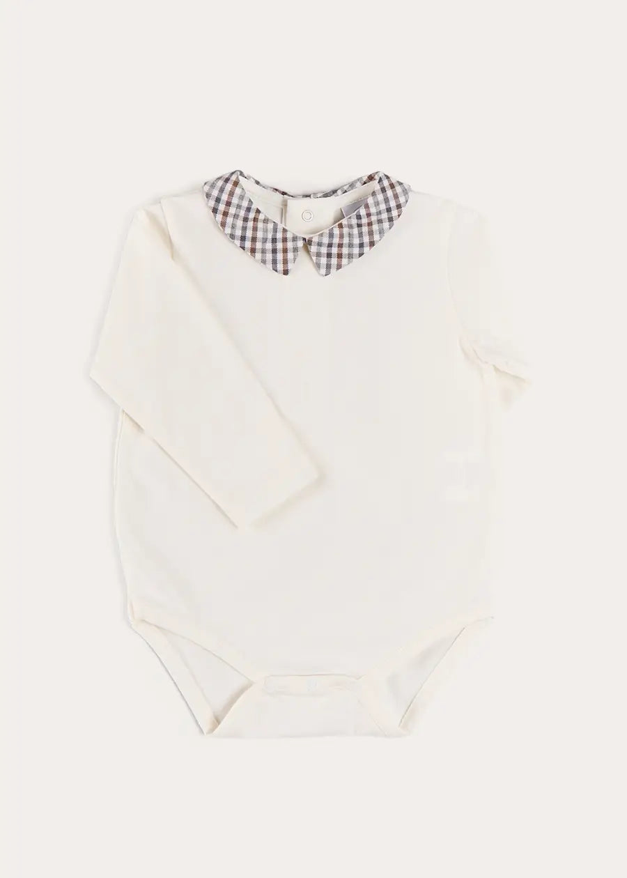 Cadogan Houndstooth Collar Long Sleeve Bodysuit in Brown (1mth-3yrs) Tops & Bodysuits from Pepa London