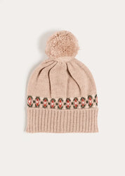 Fair Isle Knitted Pom Pom Hat in Camel (S-L) Knitted Accessories from Pepa London