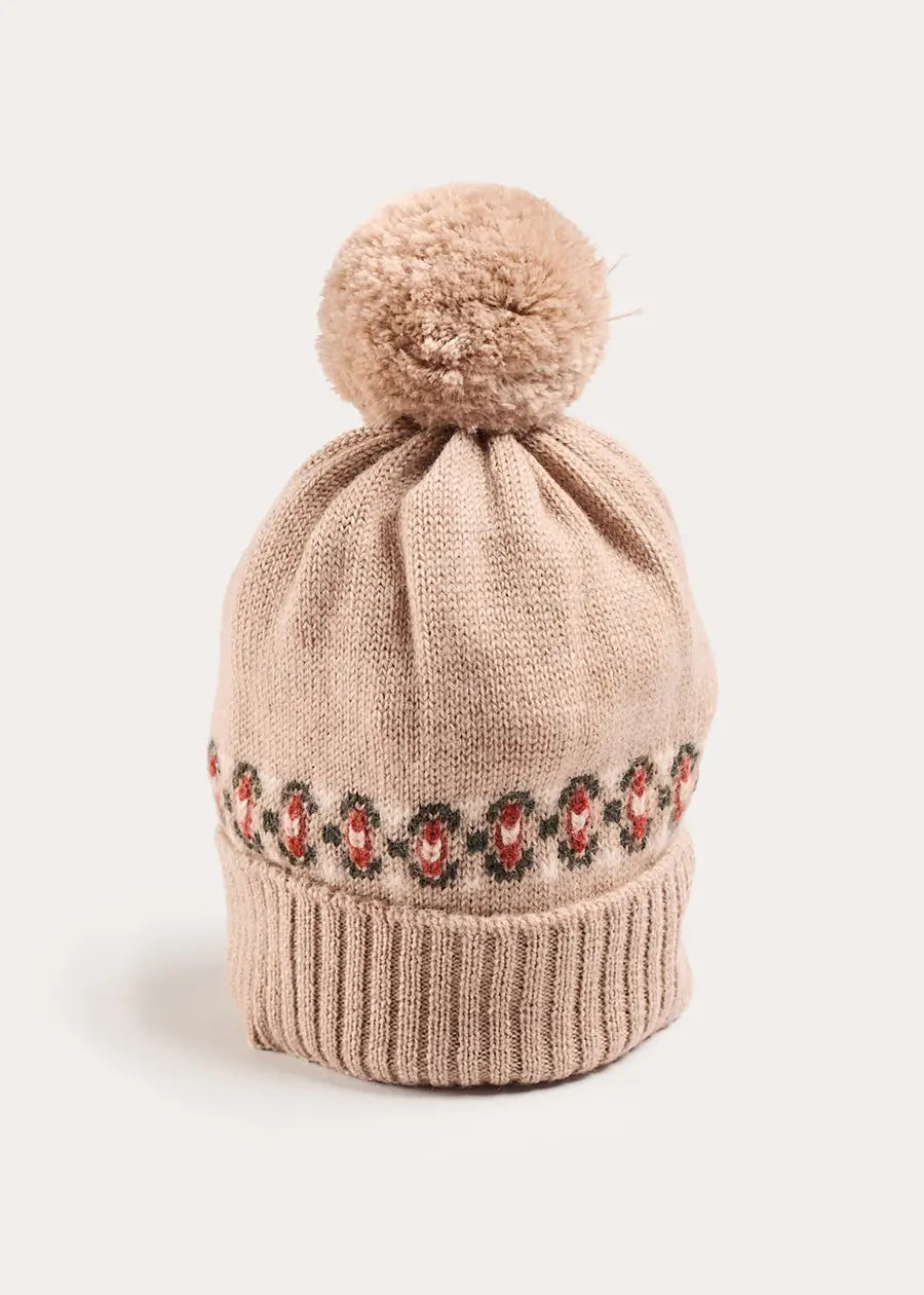 Fair Isle Knitted Pom Pom Hat in Camel (S-L) Knitted Accessories from Pepa London