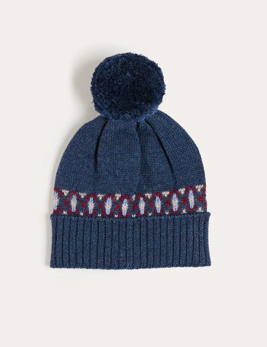 Fair Isle Knitted Pom Pom Hat in Navy (S-L) Knitted Accessories from Pepa London