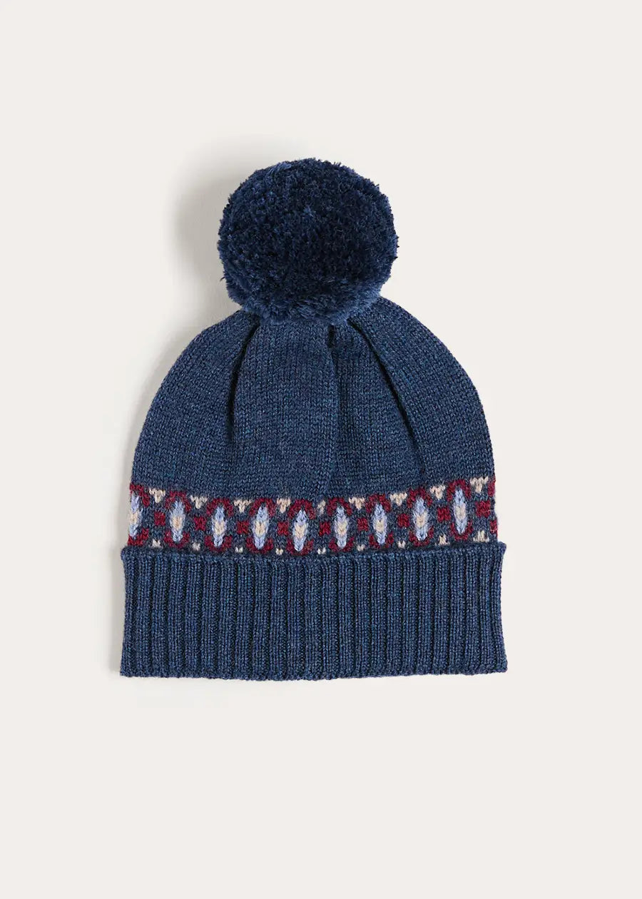 Fair Isle Knitted Pom Pom Hat in Navy (S-L) Knitted Accessories from Pepa London