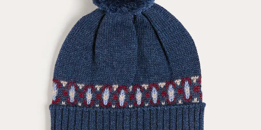 Fair Isle Knitted Pom Pom Hat in Navy (S-L) Knitted Accessories from Pepa London