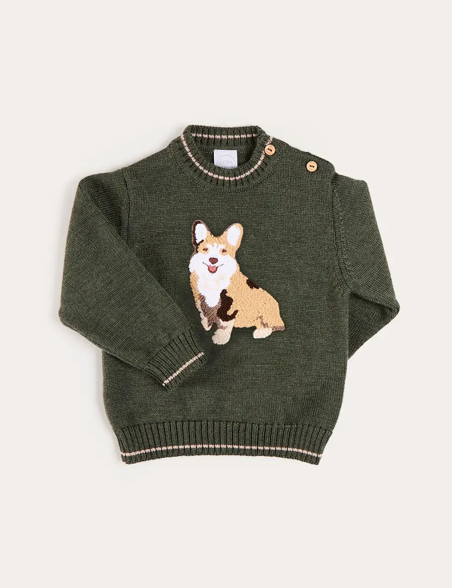 Corgi Embroidered Button Detail Jumper in Green (18mths-10yrs) Knitwear from Pepa London