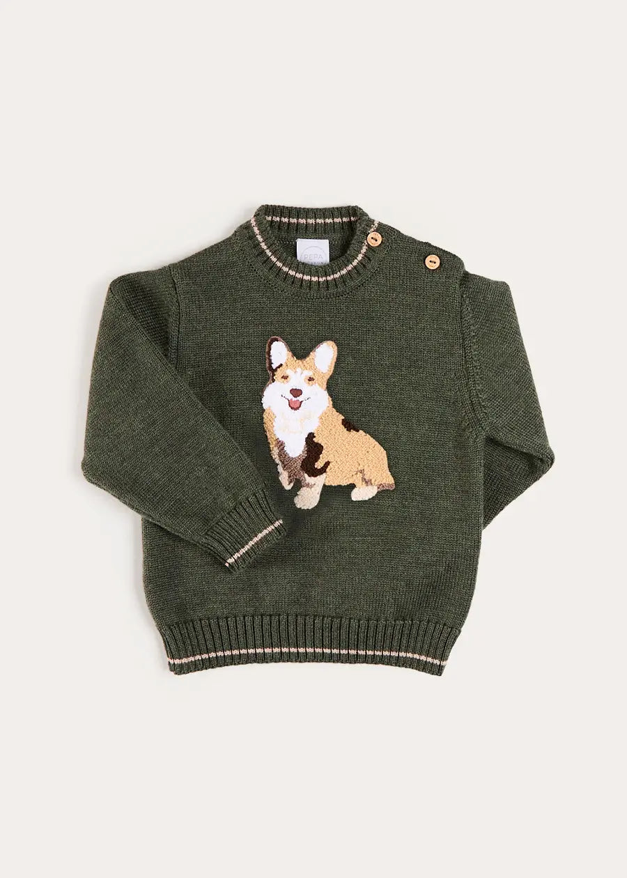 Corgi Embroidered Button Detail Jumper in Green (18mths-10yrs) Knitwear from Pepa London